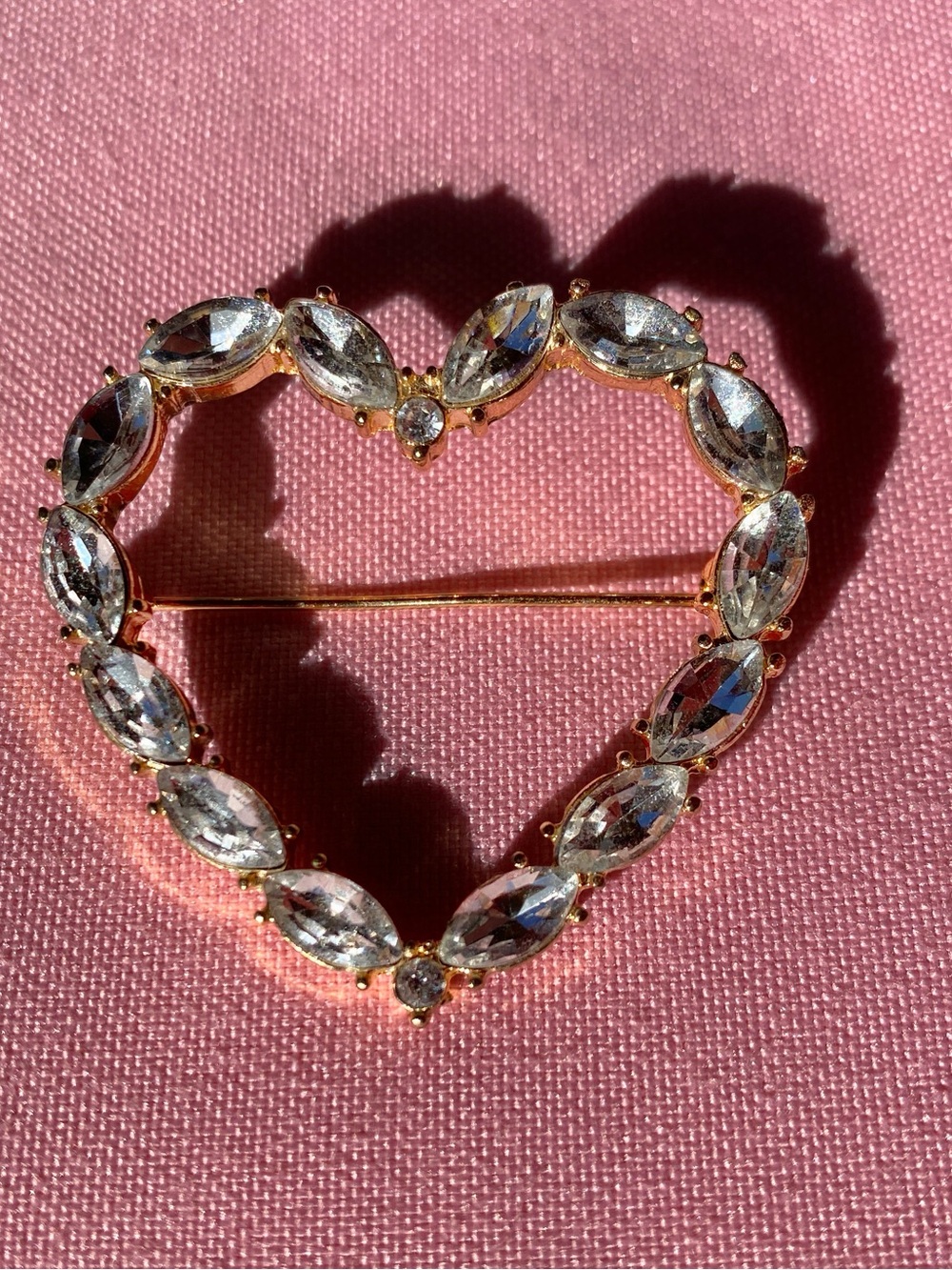 Crystal Heart Brooch - Gold Tone Clear Stones